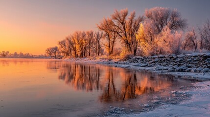 Fototapeta premium Frozen Sunrise Reflections on a Winter River.