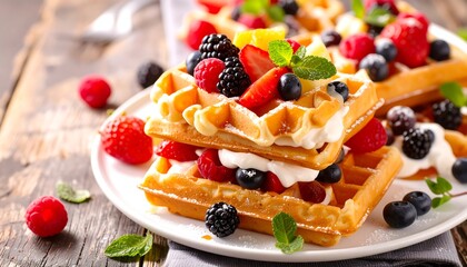 Golden waffles stacked with fresh berries, whipped cream, and mint on a white plate