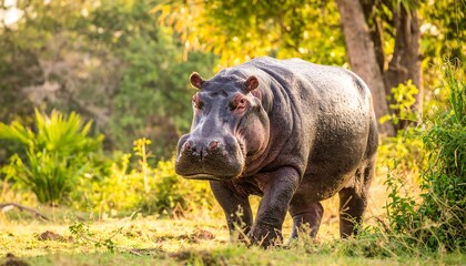 Hippo strides through golden grass in a sunny, natural landscape, facing viewer