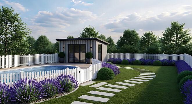 A modern, gray pool house sits beside a kidney-shaped pool, enclosed by a white picket fence. Lavender bushes and a stone pathway enhance the landscaping. Peaceful backyard oasis.