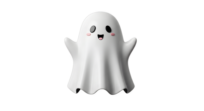 Cute cartoon ghost character with happy face and outstretched arms.