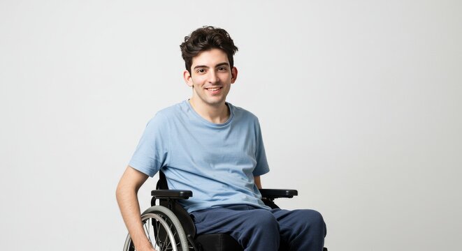 Smiling Young Man in Wheelchair, Light Background, Positive Attitude, Portrait. - Powered by Adobe