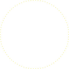 This is a minimalist graphic image featuring a large circle composed entirely of small, yellow dots. These dots are evenly spaced and form a perfect circular outline against a plain.
