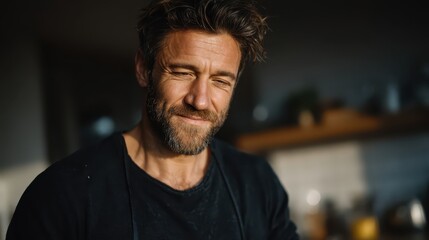 Smiling man in casual attire with a beard, enjoying a moment in a cozy kitchen, soft sunlight casting warm tones, creating an inviting atmosphere for home cooking