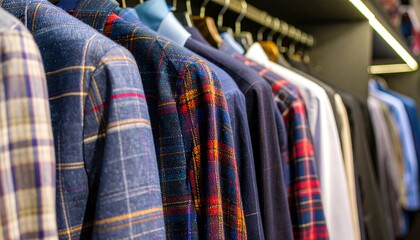 Row of hanging patterned men's shirts and jackets in dark retail setting, closeup