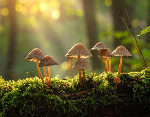 Fototapeta premium Forest floor fungi illuminated by dawn light
