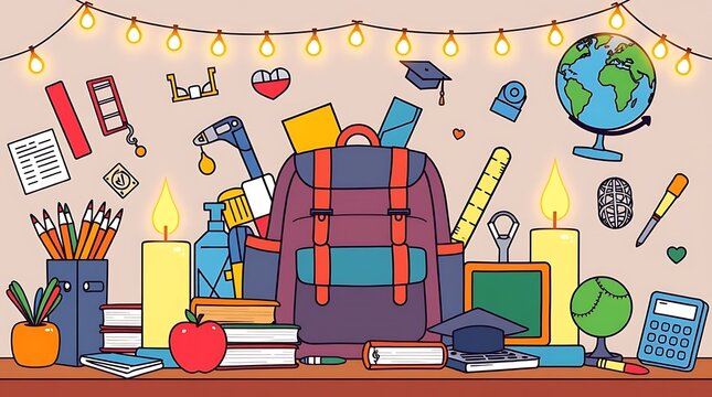 A festive back to school illustration showing a desk with a backpack, books, globe, and other supplies for education and learning.
