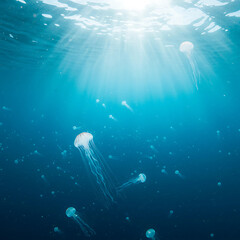 Fototapeta premium Swarm of Jellyfish Swimming Towards the Ocean Surface Sunlight