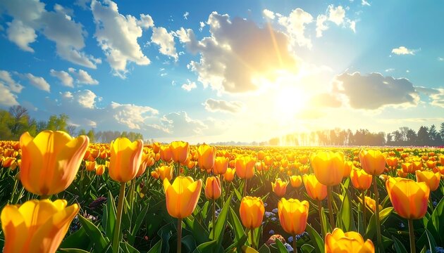 Sunlit field of vibrant yellow tulips under a bright sky