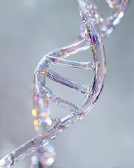 Translucent dna strand twisting upward in ethereal clarity with rainbow refractions of light across a minimalist blurred backdrop