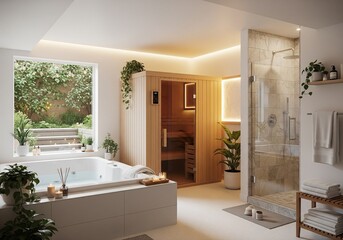 Fototapeta premium simple bright basement Home Spa – Add a sauna, hot tub, or relaxation corner for wellness.