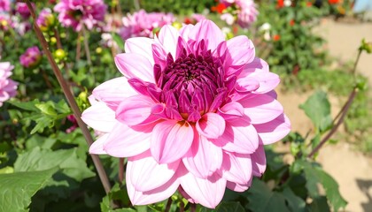 Close-up of a pink and purple dahlia, with layered petals, in a garden setting