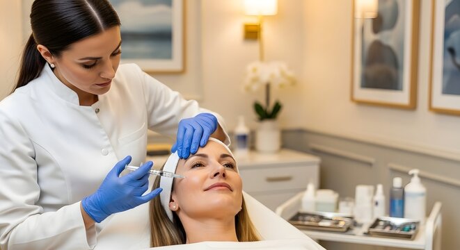 facial harmonization concept cosmetic surgeon performing a facial filler injection on a womans forehead