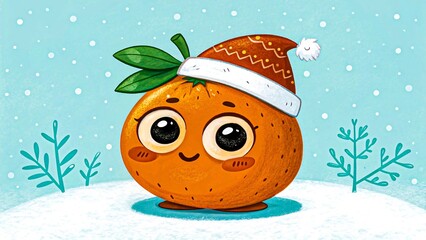 Cartoon orange character with Santa hat in snowy scene with falling snowflakes and festive background symbolizing holiday cheer and winter fun