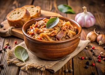 Fototapeta premium Bigos in ceramic bowl on rustic wooden table