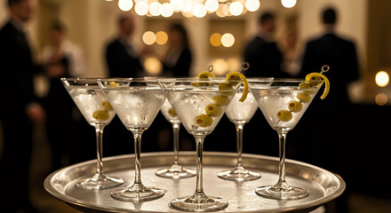 Elegant martini cocktails with olives and lemon twists served at corporate event, business people in suits network blurred background - sophisticated celebration, luxury hospitality, social gathering