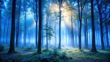Fototapeta premium Misty forest with blue mist at dawn