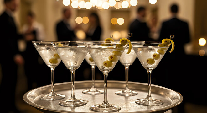 Elegant martini cocktails with olives and lemon twists served at corporate event, business people in suits network blurred background - sophisticated celebration, luxury hospitality, social gathering