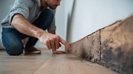 Man examining termite infestation on baseboard and wall corner. Close-up of damaged wood with visible mold and pests. Home maintenance and pest control problem