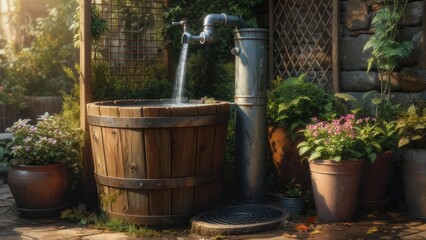 Wooden water barrel with faucet and pipe