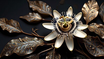 Passionflower with golden leaves against dark background