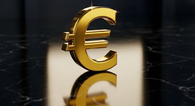 Golden euro currency symbol hanging with reflection on dark background - Powered by Adobe