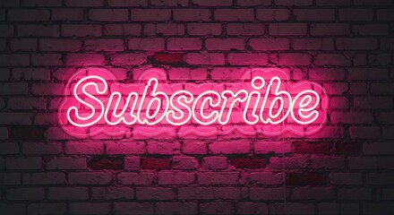 Pink neon subscribe sign glowing on a brick wall background