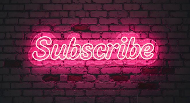 Pink neon subscribe sign glowing on a brick wall background - Powered by Adobe