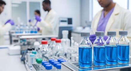 Pharmaceutical Research Blue Liquid Samples in a Lab for Scientific Analysis