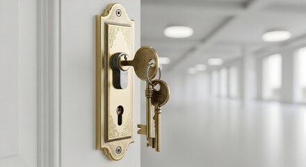 Closeup of a golden door handle with two antique keys inserted into the lock property concept