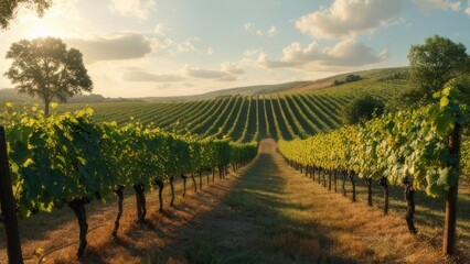 Naklejka premium Vineyard landscape with rows of grapevines