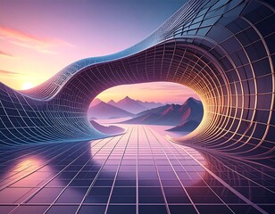 Futuristic architectural tunnel overlooking a mountain landscape at sunrise