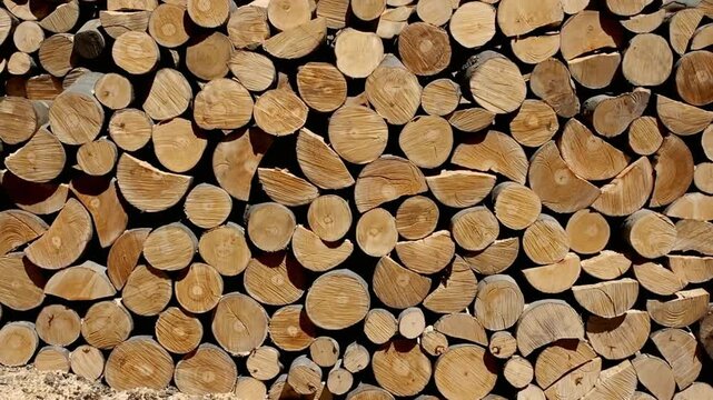 Pile of neatly stacked firewood logs creates a rustic and warm atmosphere