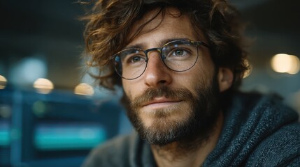 Thoughtful male with shaggy hair and glasses looking off-camera in a modern workspace, conveying concentration and creativity during brainstorming session