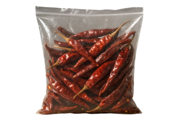 Spicy Red Dried Chilies in Plastic Pack — vibrant red peppers preserved for flavor and heat, representing bold taste and culinary tradition