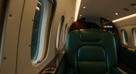 Fototapeta premium Luxurious Private Jet Interior, Sleek Cabin, Panoramic Views.