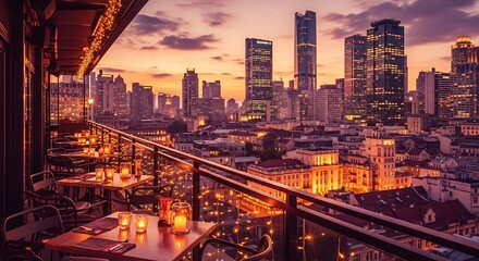 Obraz premium City skyline view from a restaurant balcony at sunset