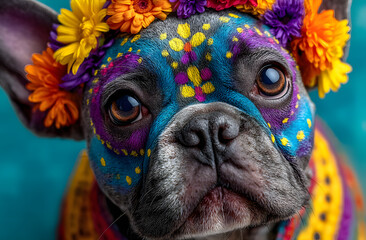 French bulldog with Dia de Muertos makeup poses against colorful background. Celebration of Mexican tradition holiday. Festive painted sugar skull dog face with flower art. Adorable cute funny