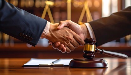 Businessmen shaking hands over a gavel