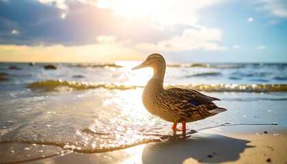 A brown duck stands on a sun-drenched, sandy beach with a shimmering ocean backdrop