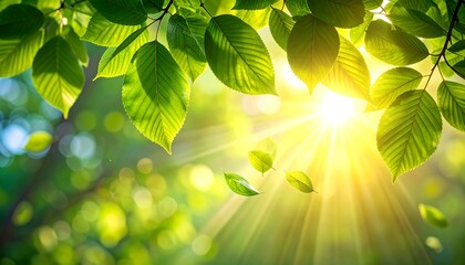 Sunlit green leaves and falling leaves