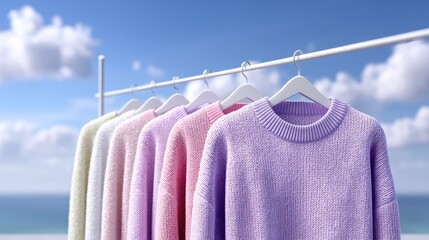 Pastel Knit Sweaters Hanging on White Rack Under a Bright Sunny Sky with Cloudscape and Ocean Backdrop in Outdoor Fashion Display