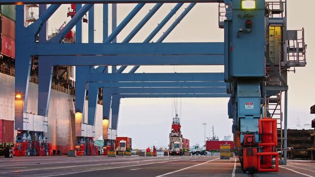 Cargo containers are being loaded onto a ship at the port terminal