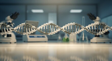 A close-up view of a DNA double helix model in a laboratory setting. Microscopes and laboratory equipment are visible in the background.