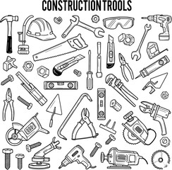 Comprehensive set of essential construction and handyman tools in a detailed black and white outline vector illustration, including power and manual equipment.