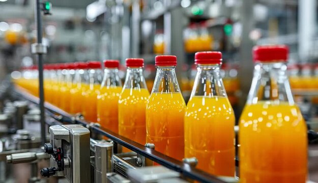 Industrial beverage bottling production line with glass bottles filled with orange juice moving on conveyor belt