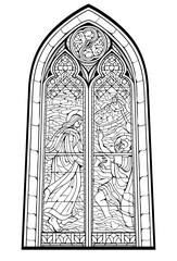 Gothic stained glass window from Our Lady of Good News church in Lorient. Drawing of rescuing of drowning fishermen. Hand drawn vector. Black and white page for coloring book. French architecture.