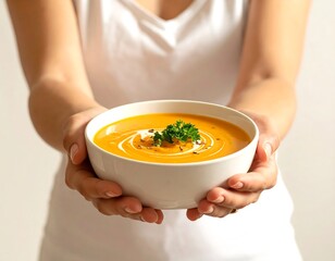 Gourmet pumpkin soup served in a bowl, presented by a woman