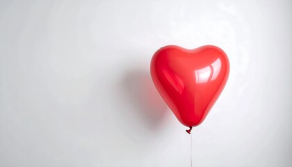 A bright red heart-shaped balloon floats against a plain white wall backdrop