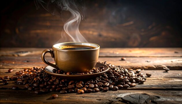 Steaming coffee in cup, nestled on roasted beans